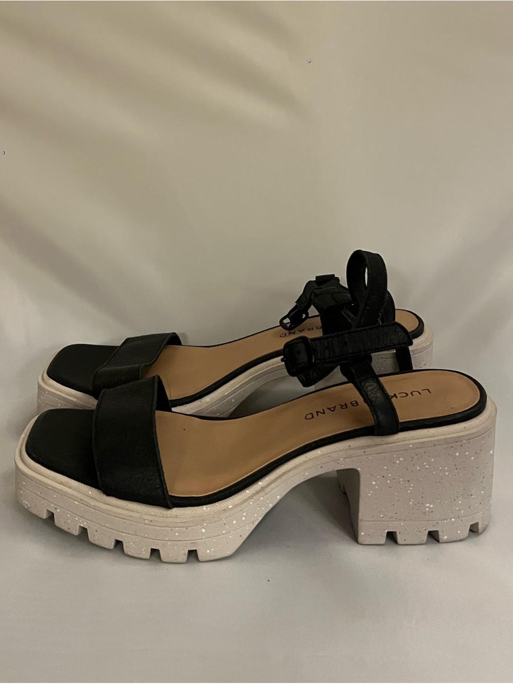 Lucky Brand Black Strappy Platform Sandals with Cream Lug Sole